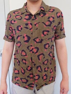 Volcom Olive Green Short-Sleeve Button-Up with Pink and Black Leopard Print